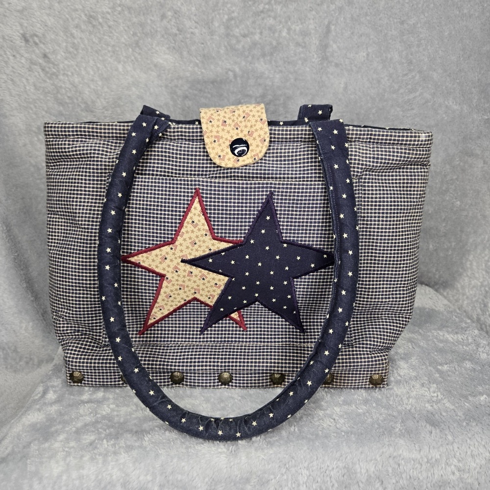 Blue/White Gingham Tote Bag Star Applique Studded Snap Closure Wood Base